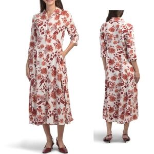 Rachel Zoe Linen Blend Bird Branch Toile Floral Print Shirt Dress